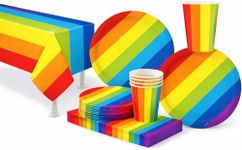 Serves 30 Complete Party Pack Rainbow Party Supplies 9" Dinner Paper Plates 7" Dessert Paper Plates 9 oz Cups 3 Ply Napkins 2 Table Cover Rainbow Party Supplies Rainbow Party Theme