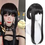 Long Straight Black Wig with Bang & Bun for Women Girls Cosplay, Anime Pre-styled Briar Wigs Synthetic Hair + Wig Cap for Halloween Costume Party