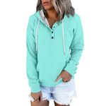 Womens Pullover Hoodies Tops Casual Button Down Drawstring Long Sleeve Hooded Sweatshirts with Pocket,Light Blue,L,Bathing Suit Tops for Women Hoodies for Women Oversized Ladies Summer