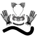 Whaline Black Cat Cosplay Costume Halloween Lace Cat Cosplay Set Cat Eye Cover Tail Chocker Necklace Cat Ear Hair Loop Masquerade Costume Accessories for Women Girl Halloween Theme Party