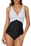 Smismivo Tummy Control Swimsuits for Women Slimming One Piece Bathing Suit Retro Ruched Push Up Vintage Padded Swimwear, White Dot Top, Medium