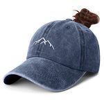 Hebenie Ponytail Baseball Cap for Women - Washed Ladies Baseball Caps Cotton Vintage High Bun Pony Embroidered Classic Adjustable Ponytail Cap Blue