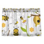 Flying Bee Honeycomb Honey White Flowers Seamless on White 2 Panels Kitchen Small Window Curtains, Tier Curtains Rod Pocket Half Short Curtains Blackout Cafe Drapes One Image 27x24 in