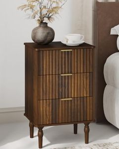 Veegle 3 Drawer Large Nightstand Dark Brown Wood-Grain Finish Bedside Table Smooth-Running Rails 17.7 Width Carved Solid Wood Legs Fluted Walnut Tall Nightstand for Bedroom
