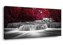 Wide Waterfall & Red Leaves Canvas Wall Art For Bedroom,Burgundy Nature Black White Artwork Decor,Beautiful Maple Leaves Landscape Picture Print Painting,Bracket Fixed Ready To Hang,Inner Frame 20x40