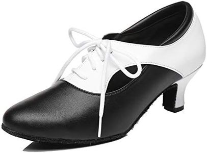 Minishion Women's Latin Salsa Closed Toe Low Heel Black/White Leather Ballroom Practice Dance Shoes Evening Pumps US 5