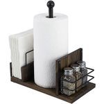 MyGift Rustic Burnt Solid Wood and Industrial Matte Black Metal Dining Combination Caddy with Paper Towel Roll Dispenser Stand, Napkin Holder, and Spice Rack