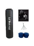 Le Buckle PU Leather Filled Heavy Punching Bag with Hanging Chain, Boxing Gloves and Handwraps (Black, 12oz) (4 Feet)