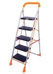 FLIPZON Foldable 5 Steps Iron Ladder | Heavy Duty Ladder with Anti-Skid Shoes, Wide Steps - (Orange, Silver, Black)