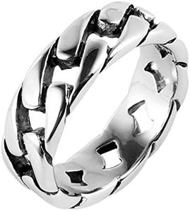 HZMAN Stainless Steel 7mm Wide Band Cuban Link Chain Ring for Men Women Hip Hop Biker Ring Jewelry Gift (Silver,10)