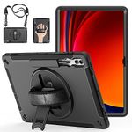 Case for Samsung Galaxy Tab S10/S9 Ultra: 3-Layer Military Grade Rugged Shockproof Case for Galaxy Tab S10/S9/S8 Ultra 14.6 Inch with S Pen Holder-360° Rotating Kickstand-Hand/Shoulder Strap, Black