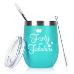 Gingprous 40th Birthday Gifts for Women Wife Mom Friends Coworkers, Forty and Fabulous Wine Tumbler for 40th Birthday, 12 Oz Stainless Steel Insulated Wine Tumbler with Lid and Straw, Mint