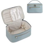 Makeup Bag Travel Cosmetic Bags with Brush Compartment Large Portable Make Up Bag with Handle PU Leather Water-Resistant Makeup Organiser Case for Women, Greyish Blue (Patent Pending)