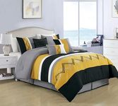 Chezmoi Collection Arden 7-Piece Modern Pleated Stripe Embroidered Zigzag Bedding Comforter Set (Full, Turmeric/Black/Silver Gray/White)