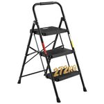 BONTEC 3 Step Ladder, Capacity 272KG with Wide Anti-Slip Pedals, Folding Steel Step Stool, Sponge Handlebar, Lightweight Portable Ladder Suitable for Home, Kitchen, Pantry, Indoor/Outdoor Use, Black