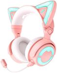 YOWU RGB Cat Ear Headphone 4, Upgraded Wireless & Wired Gaming Headset with Attachable HD Microphone -Active Noise Reduction, Dual-Channel Stereo & Customizable Lighting and Effect via APP (Pink)