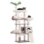 Hebly Wood Cat Tree for Indoor Cats, Cat Condo for Large Cats,Modern Cat Scratching Tower with Basket,Hammock,Dangling Ball and Leaves,Rustic Gray HCT120SG