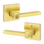 Weiser Halifax Satin Brass Front Door Handle with Lock, Reversible Square Exterior/Interior Door Handles with Lock, Keyed Entry Door Lever for Front Door, Bedroom, Bathroom & Office, Modern Home Decor