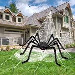 Halloween Decorations Spider Web, 50'' Giant Spider + 200'' Triangular Giant Spider Web and 20G Spider Web, Halloween Spider for Indoor Outdoor Scary Haunted House Spider Web Party Halloween Yard