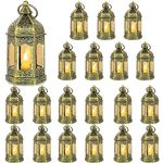 Mini Lantern with Flickering LED Candles Set of 20, Hewory Gold Vintage Decorative Hanging Candle Lanterns for Halloween, Christmas, Wedding Decorations, Party, Table Centerpiece, Battery Included