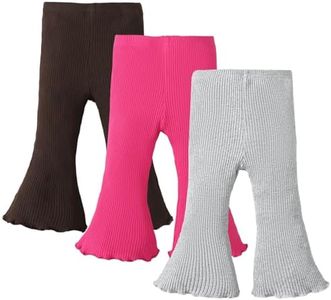 SOBOWO Toddler Baby Girl Flare Pants 3 Pack Solid Ribbed Ruffle Bell Bottoms Pants Fall Outfits(Coffee/Rose/Gray, 9-12 Months)