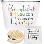 VeryMerryMakering Beautiful Girl You Can Do Amazing Things, Inspirational Gifts for Women, Amazing Gifts for Teen Girls, Beautiful Gift Makeup Bag, Inspirational Jewelry Dish, Amazing Mirror