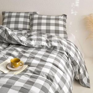 Wake In Cloud - Cotton Quilt Cover Set, 100% Washed Cotton Doona Duvet Cover Bedding Set, 3 Pieces, Gingham Grey, Queen Size