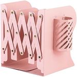 NEAR STOP Adjustable Bookends Book Holders for 3 Compartments Heavy Duty Metal Book Stand Desktop Organizer Expandable Bookshelf up to 19 inches with Pen Holder for Home Office School Library (Pink)