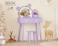Aptliton Kids Vanity Table Set with LED Lights,Bear-Shaped Dressing Table & Storage Drawers,Wooden Princess Toddler Makeup Table Set with Chair,Children’s Dressing Table for Girls Bedroom,Purple