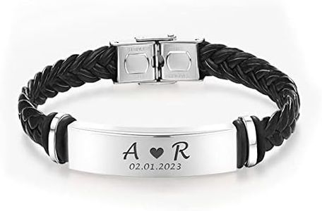 Personalized Mens Bracelet Leather Engraved Bracelet Gift for Boyfriend Him Husband Dad Best man Customized Gifts Christmas Birthday Wedding Anniversary Father's Day(Design 2)