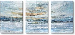 Abstract Canvas Wall Art for Bedroom 3 Piece Ocean Painting Coastal Theme Artwork Blue and Gold Sunset & Sunrise on the Beach Seascape Picture for Bathroom Living Room Light 12x16inchx3 panel