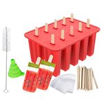 Popsicle Molds, BPA Free Food Grade Silicone, Frozen Popsicle Mold, Ice Pop Cream Maker, 10-Cavity Popsicle Maker Molds, Includ 50 Wooden Sticks & Cleaning Brush& Funnel & 100 Popsicle Bags, Red