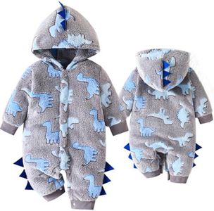 Yaopelky Newborn Baby Dinosaur Snowsuit Infant One Piece Hooded Jumpsuit Toddler Cartoon Romper Winter Warm Fleece Outfit (Grey, 9-12 Months)