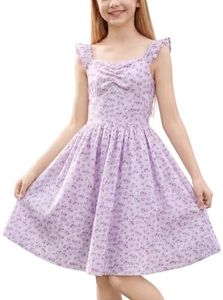 ODIZLI Girls Floral Dress Flutter Sleeve Sundress Purple Floral 11-12 Years