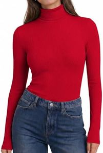 Ekouaer Womens Long Sleeve Tops Ribbed Turtleneck Basic T Shirt Fall Stretch Tight Fitted Thermal Shirts Red XL