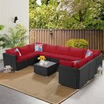 OMCCO 6 Pieces Patio Furniture Set, Outdoor Large Sectional Sofa HDPE Wicker Conversation Set Outside Couch with Table and Ottoman for Porch Lawn Garden Backyard (Black & Red)