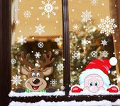 FINGOOO Christmas Window Stickers, 6 Sheets Peeping Santa and Rudolph Window Clings Snowflake Decal for Xmas Window Decoration