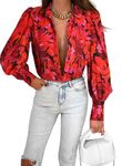 Zeagoo Womens Shirts Long Sleeve Red Flower Print Causal Blouse for Woman Button Down Office Top Fashion
