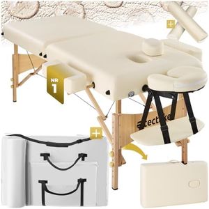 tectake Massageliege 2 Zonen, Massageliege klappbar, Massagetisch mit 7,5cm Polsterung, Mobile Massageliege, Kopf- und Armstütze, Massagebank mit Holzfüßen, 2 Lagerrungsrollen, Tragetasche - beige