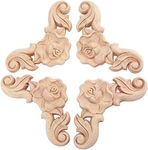 LizhiPier 4-Pack Wood Corner Carved Onlay Applique, Unpainted Rose Frame Carvings for Door Cabinet Cupboard Furniture Decoration European Style (12x12cm/4.7x4.7inches)