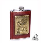 Menzy The Comrade Bold Choice Stainless Steel and Stitched Leather Hip Flask 8 oz (230 Ml), Iconic Wine Whiskey Vodka Alcohol Drinks Pocket Bottle with Refill Funnel Bar Set for Men Women