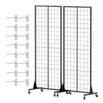 Urban Deco Grid Wall Rack Panels with Wheels – 2' x 5.5' Ft Display Stand with Gridwall Panels Rack - Metal Grids Standing Wire Rack - for Retail Art Fair (Black Finish) (2 SET)