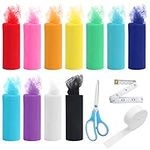 HANDI STITCH Fabric Tulle Rolls with Scissors, Measuring Tape and Elastic (11 Colours) - 15cm x 23m per Spool - Rainbow Polyester Tulle Roll Netting Set for Tutu Skirts, Gift Wrapping & Weddings