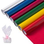 6rolls Cellophane Wrap Roll (20’ Ft. Long X 16’’ in. Wide) Colored Cellophane Rolls for Gift Wrapping, Contains Golden, Blue, Purple, Green, Red & Clear Cellophane Wrap Roll, 2.3 Mil Thick (17inch W x