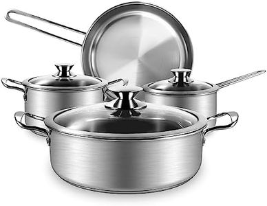 Stainless Steel Pots and Pans Set, 7-Piece Kitchen Cookware Sets with Glass Lids, Stay-Cool Handle, Oven Safe, Works with Induction, Electric and Gas Cooktops