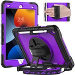 Timecity case for iPad 9th/8th/7th Generation, Heavy Duty case with Screen Protector & 360°Rotatable Stand, Pencil Holder, Hand/Shoulder Strap for iPad 10.2 Rugged Hybrid Protective Cover, Purple