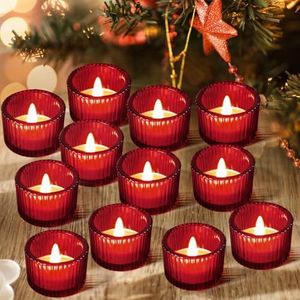 JOYIT Red Votive Candle Holders Bulk Set of 12, Tealight Candle Holder for Wedding Table Centerpiece, Glass Small Candle Holders for Birthday Party, Valentine's Day, Home Decor (2''X 1.4'')