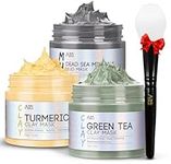 ANAI RUI Spa Facial Mask Set- Dead Sea Minerals Mud Mask - Turmeric Clay Mask - Green Tea Facial Mud Mask, Blackheads Removing. 2.5 oz each.