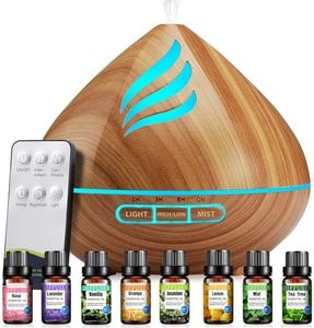 Oil Diffusers 500ML with 8 Essential Oils Set, Aromatherapy Diffusers Air Freshener,Essential Oil Diffuser with Remote Control, 4 Timer and Waterless Auto-Off Cool Mist Diffusers for Home