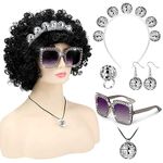 Yinder 6 Pcs 70s Women Disco Costumes Set Lady Disco Accessories Afro Wig Disco Ball Headband Silver Bling Disco Balls Earrings Necklace Ring and Sunglasses for 60s 70s Disco Outfit Accessories,